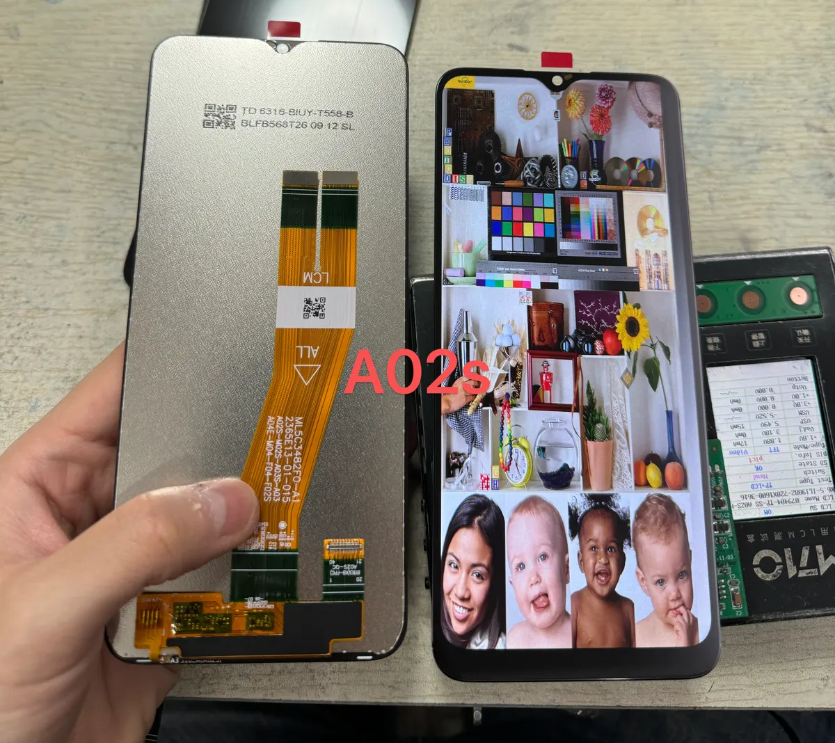 Samsung A02s screen sample showing front and back