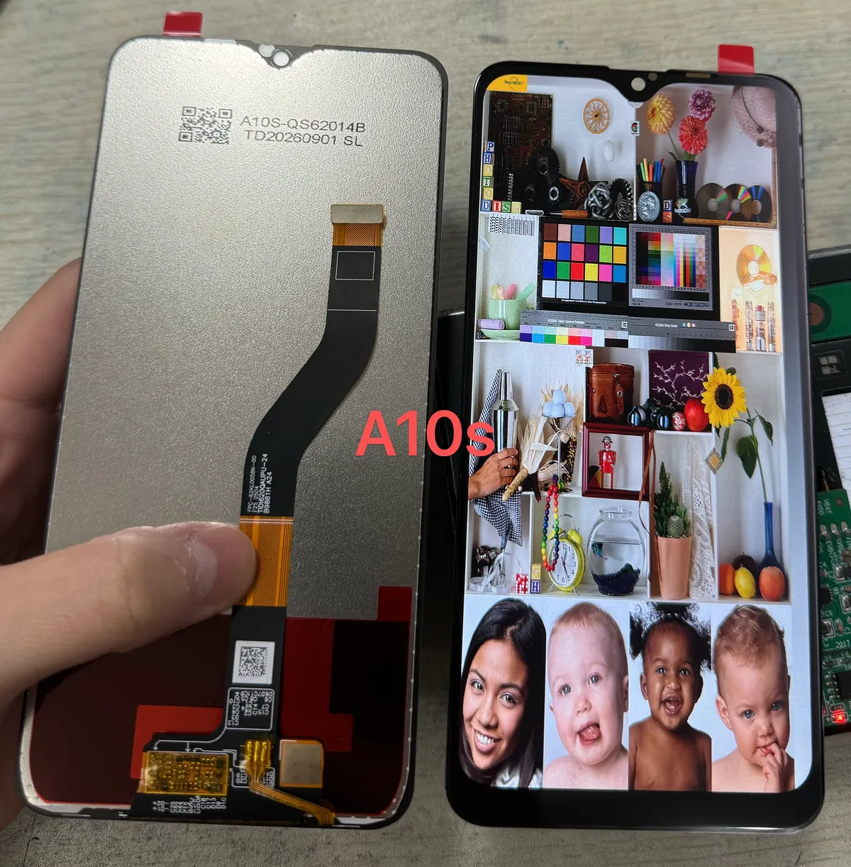 Samsung A10s screen sample showing front and back