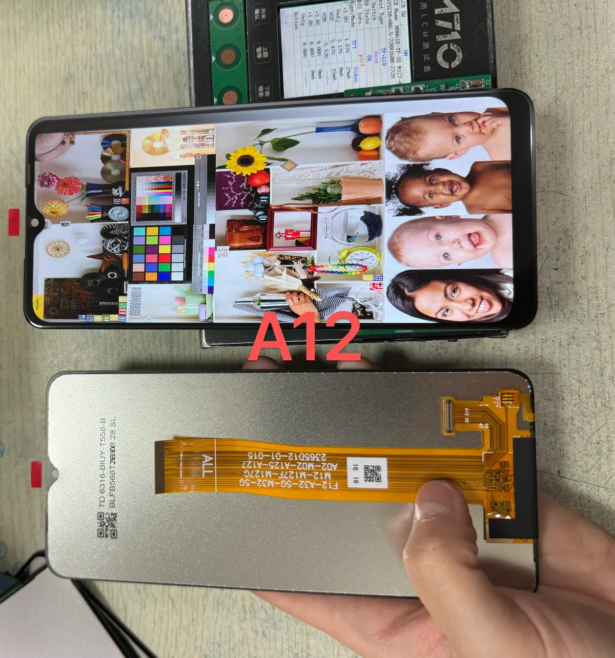 Samsung A12 screen sample showing front and back