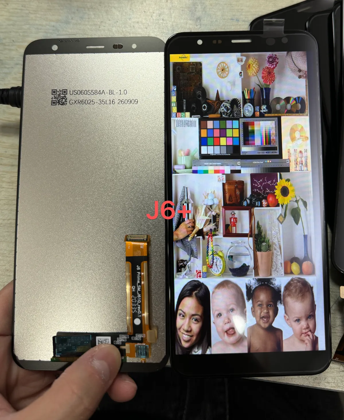 Samsung J6+ screen sample showing front and back